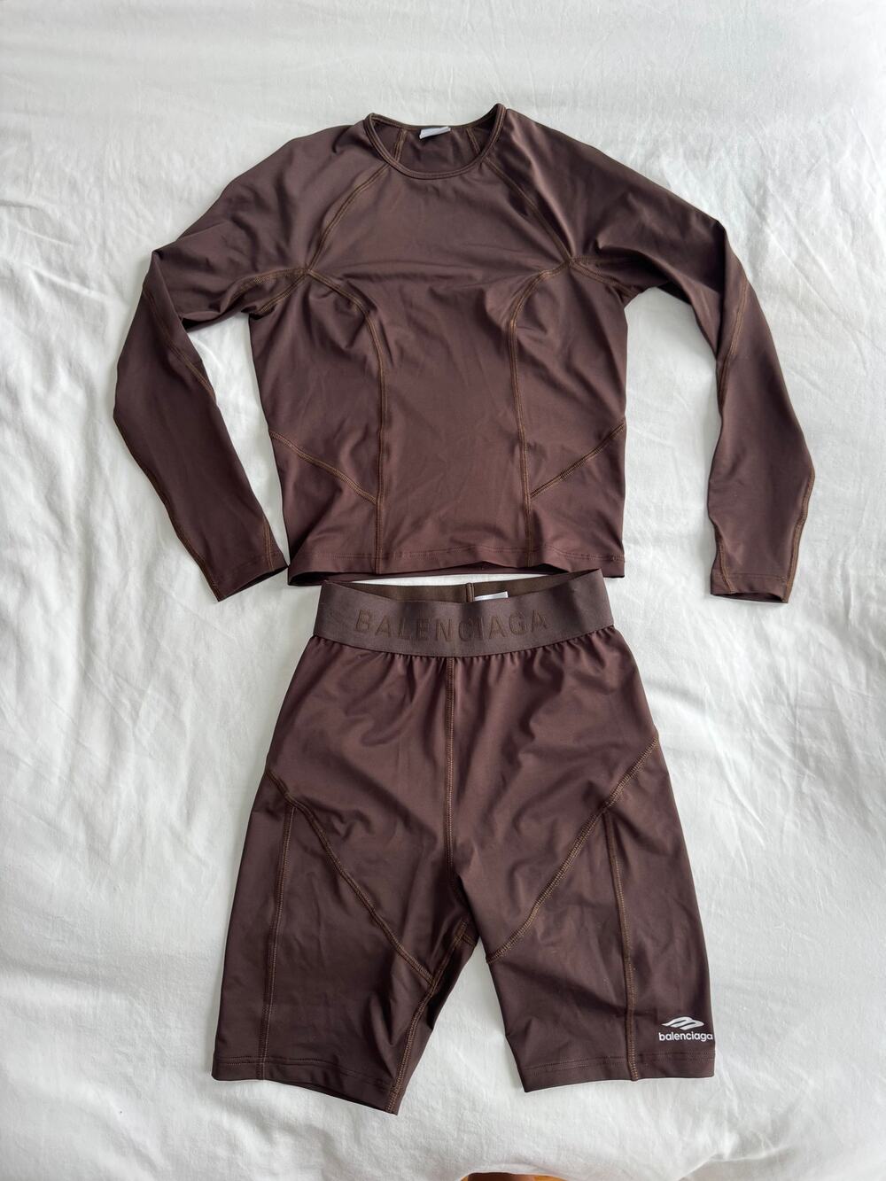 Balenciaga Brown Activewear Set Logo Waist Cycling Shorts Long Sleeve Top